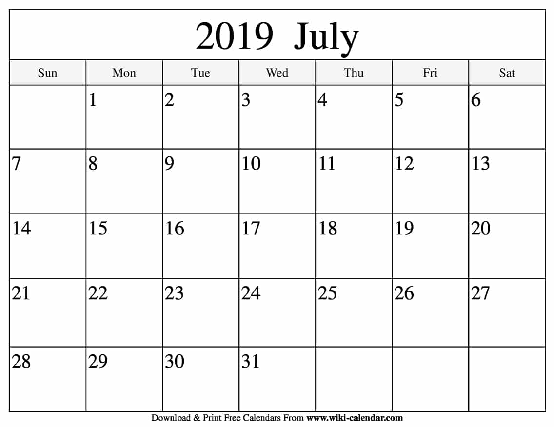 blank july 2019 calendar printable calendar 2019 july