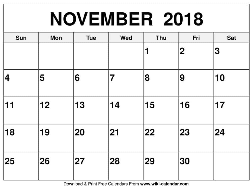 November 2018 Calendar Holidays Printable