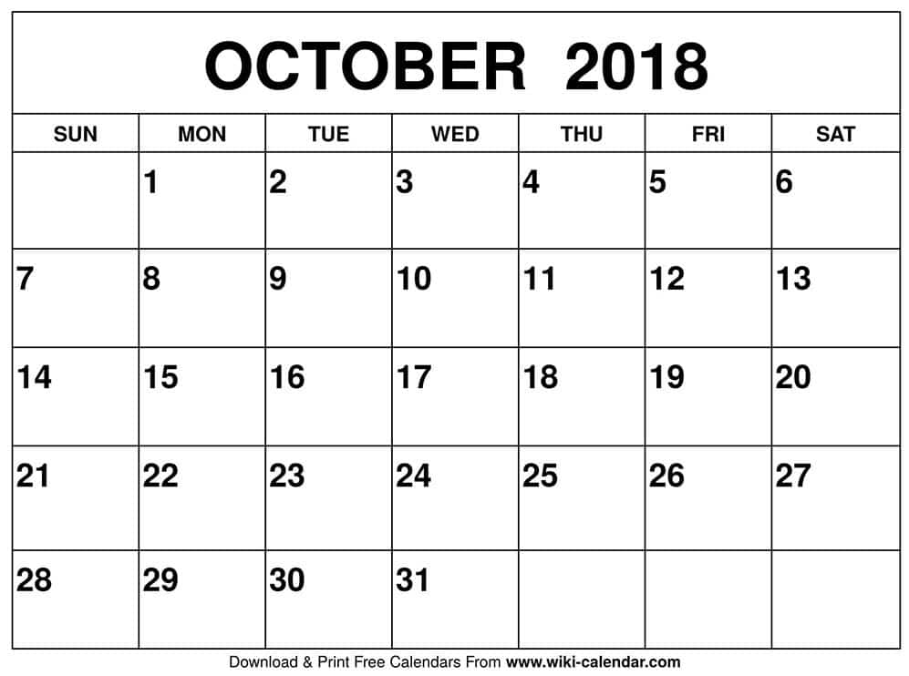 October 2018 Calendar Monthly Printable Template