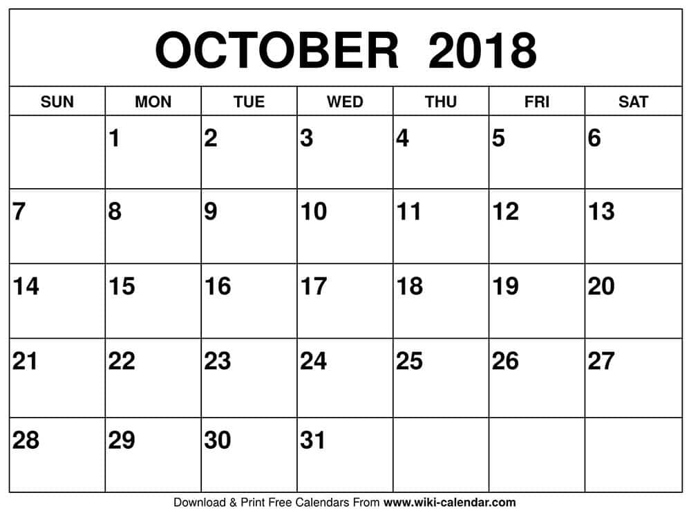 Monthly October 2018 Calendar Template