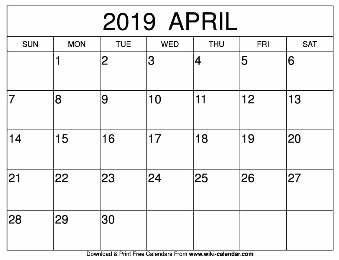 Blank April 2019 Calendar Printable Blank April 2019 Calendar Printable
