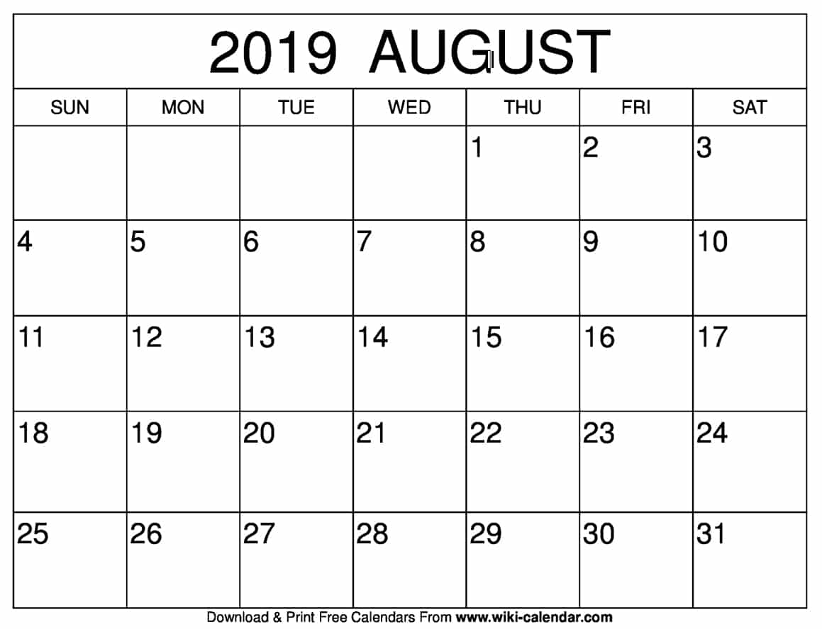 Free Printable August 2019 Calendar