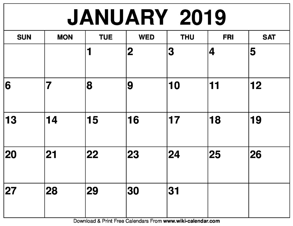 Blank January 2019 Calendar