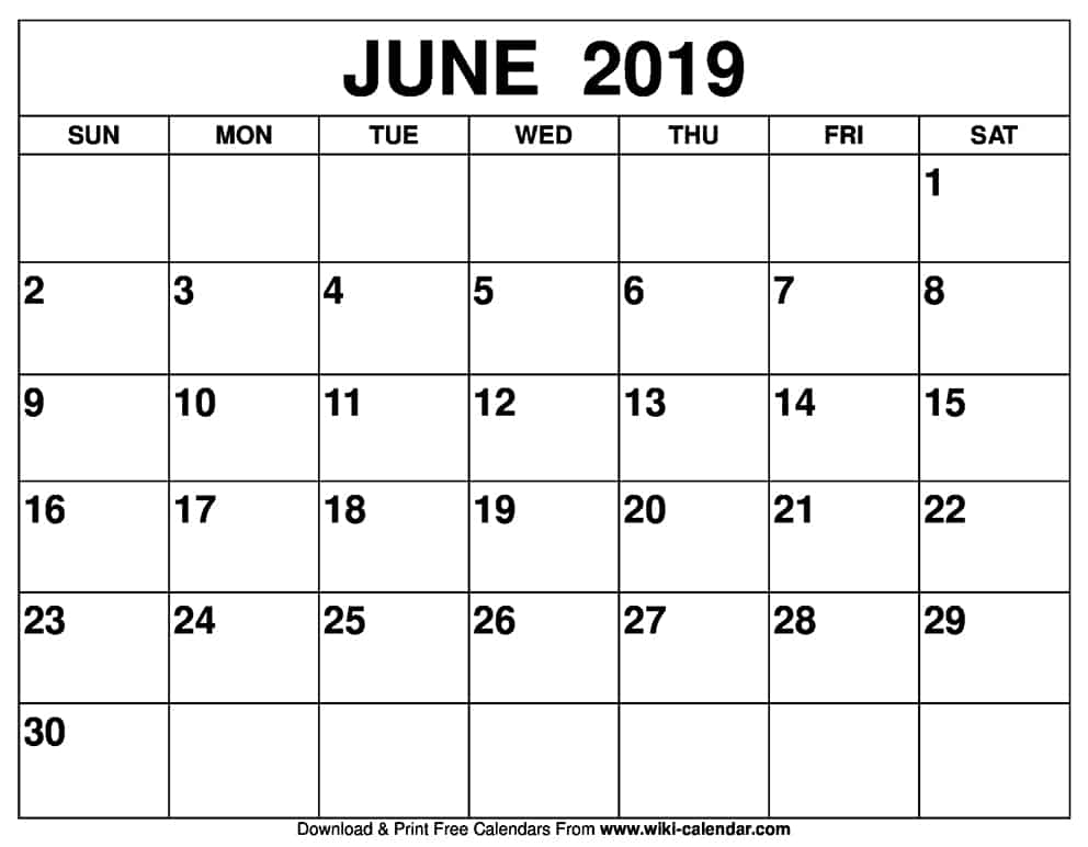 Blank June 2019 Calendar Printable