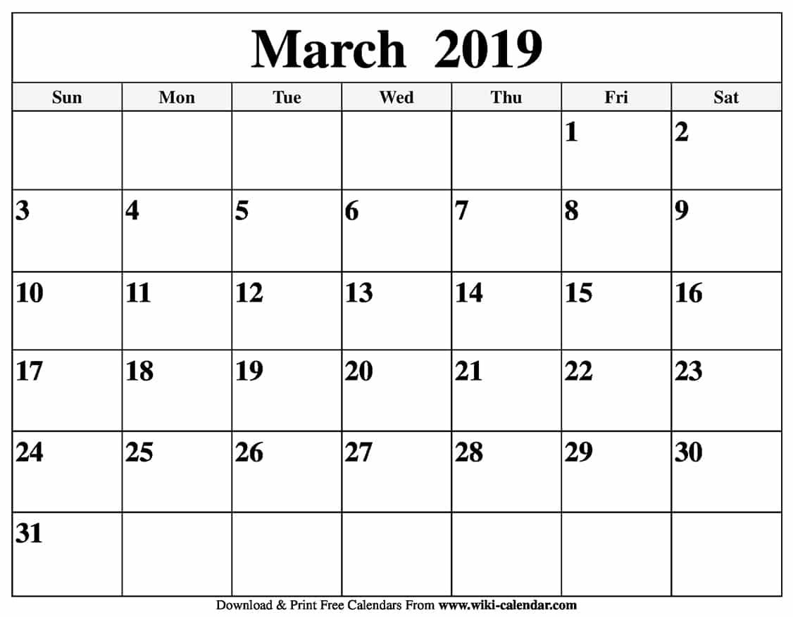 Blank March 2019 Calendar Printable