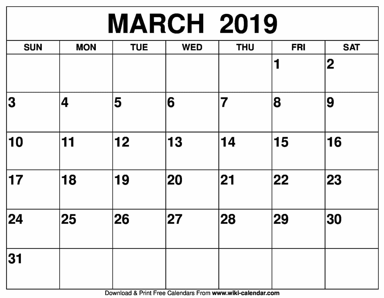 Blank March 2019 Calendar