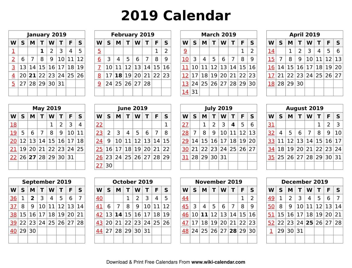 Printable Blank 2019 Calendar Templates