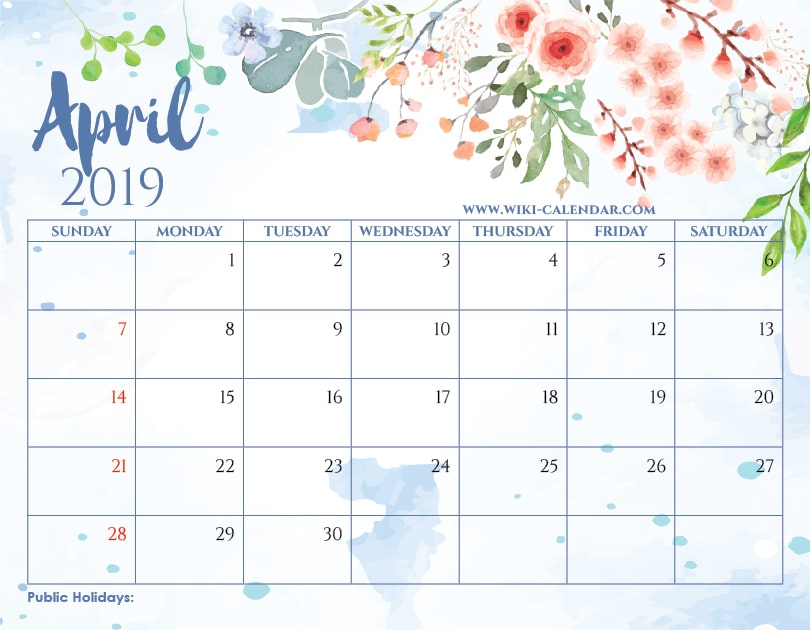 April 2019 Calendar With Holidays Printable