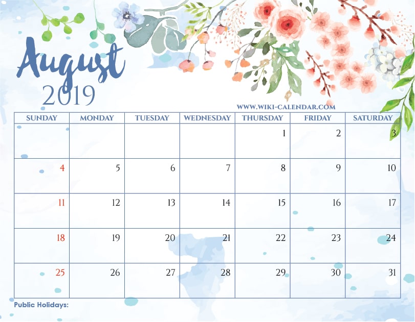 Free Printable August 2019 Calendar