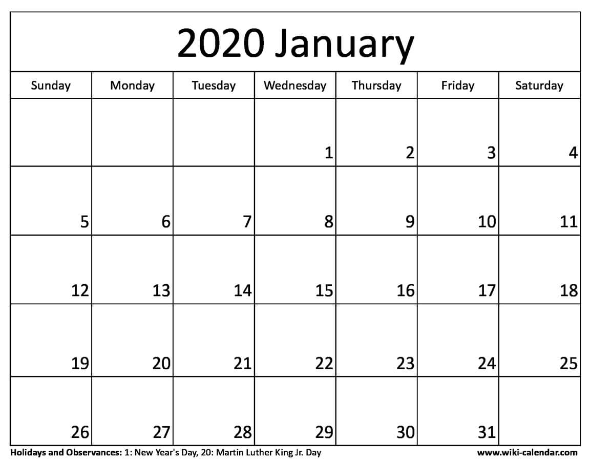 Free Printable January 2020 Calendar