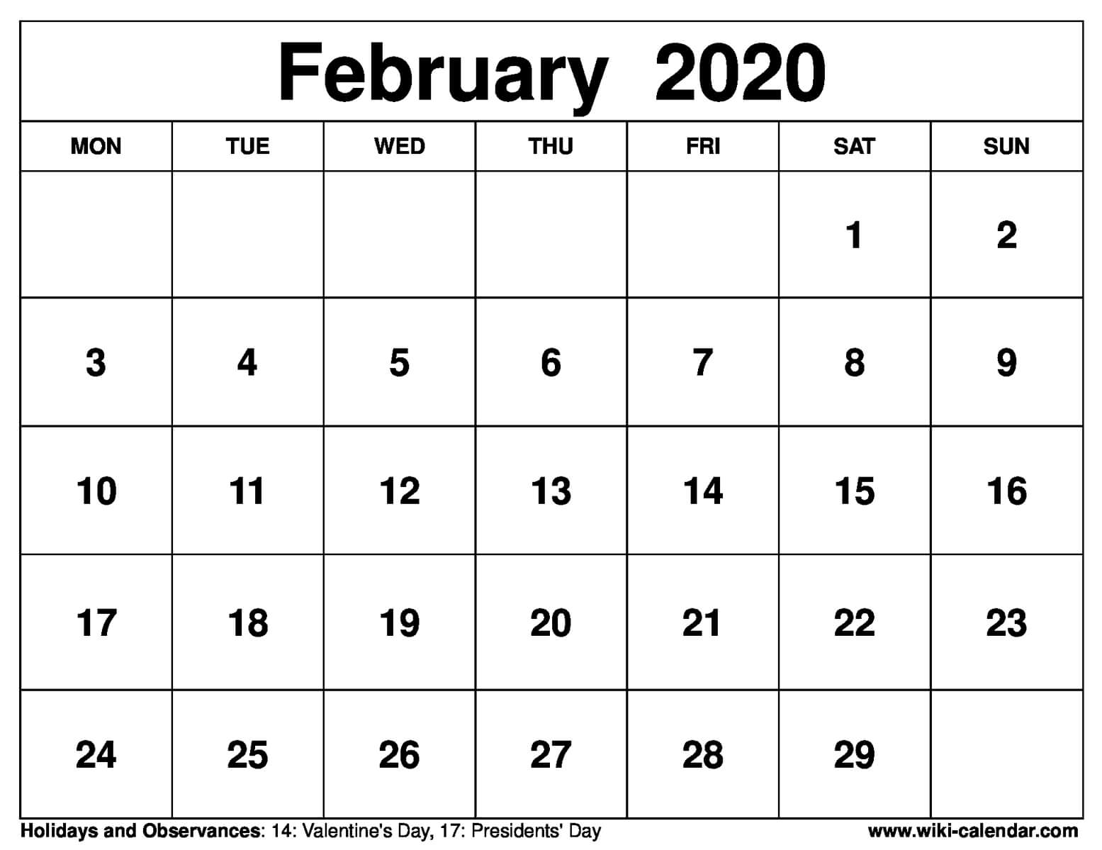 Free Printable February 2020 Calendar