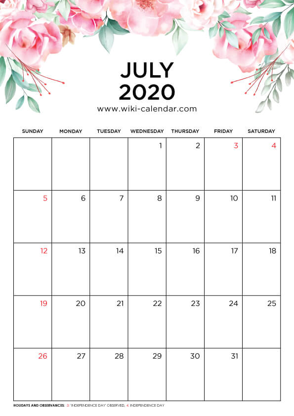 free printable 2020 floral calendar june july 2020 calendar