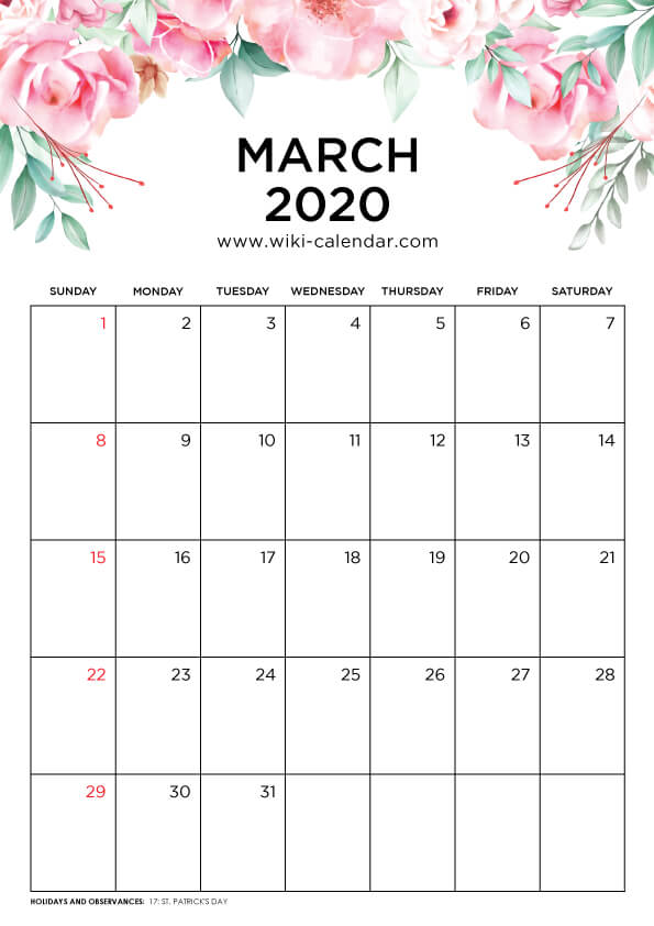 free printable 2020 floral calendar feb and march 2020 calendar