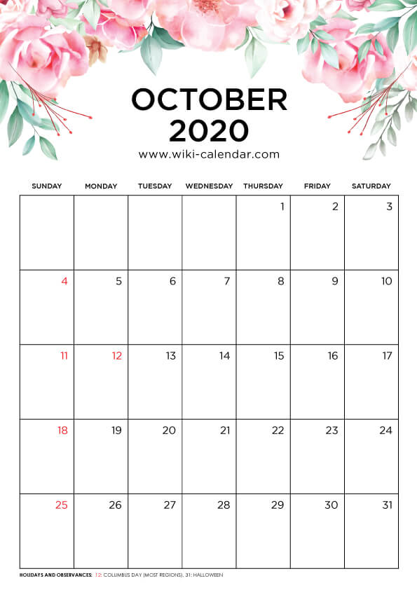 Free Printable 2020 Floral Calendar