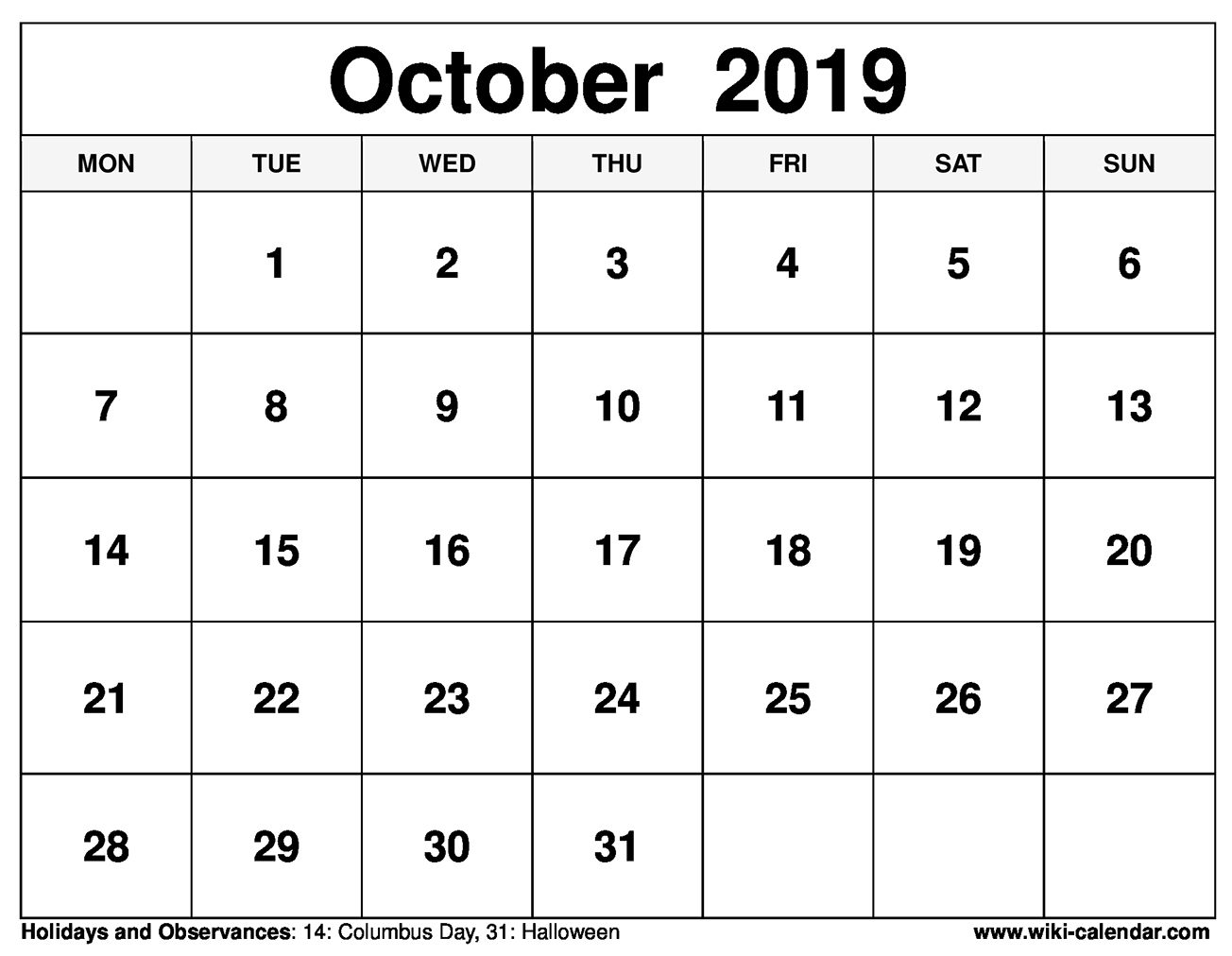 October Calendar Printable Free 2019