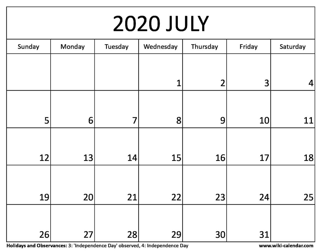 Free Printable July 2020 Calendar