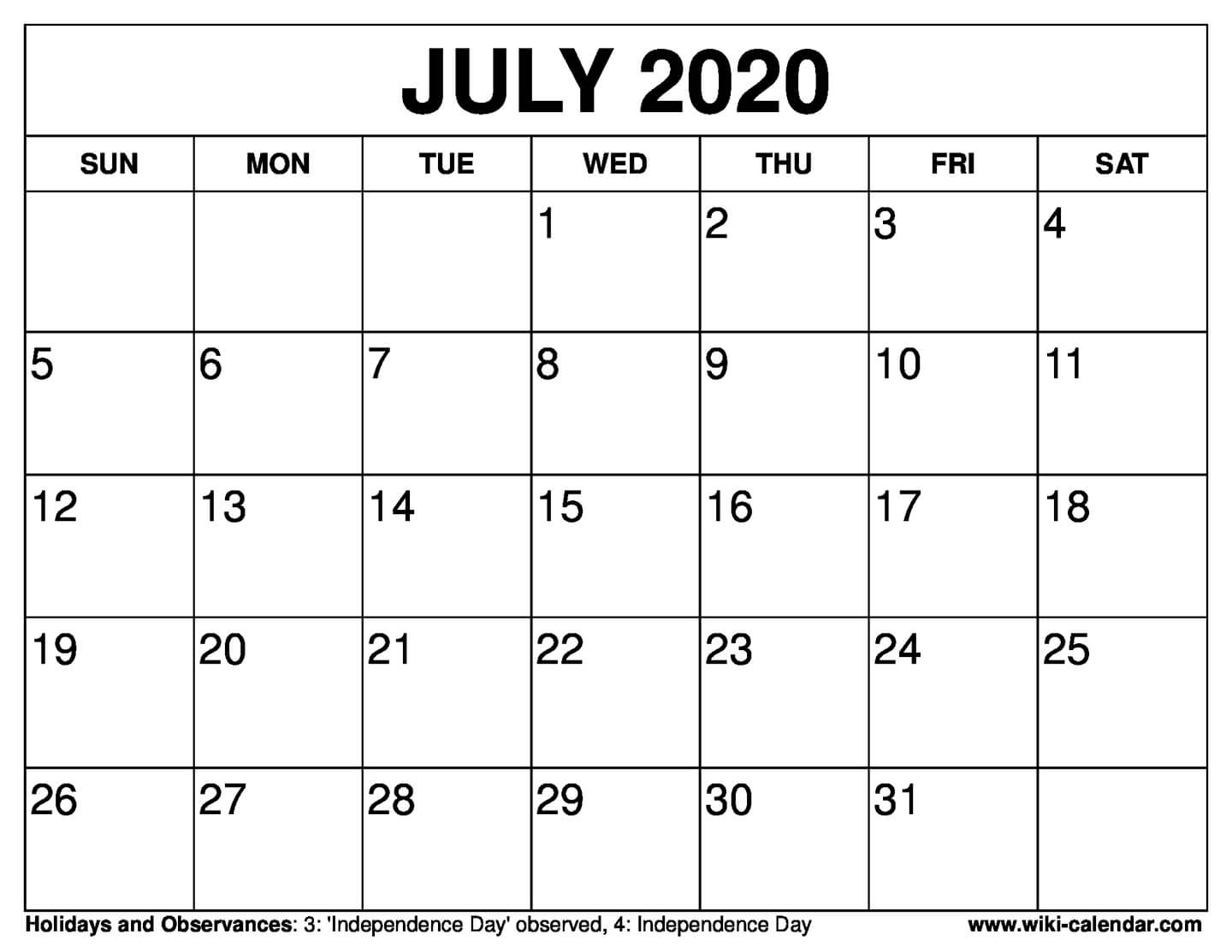 Free Printable July 2020 Calendars