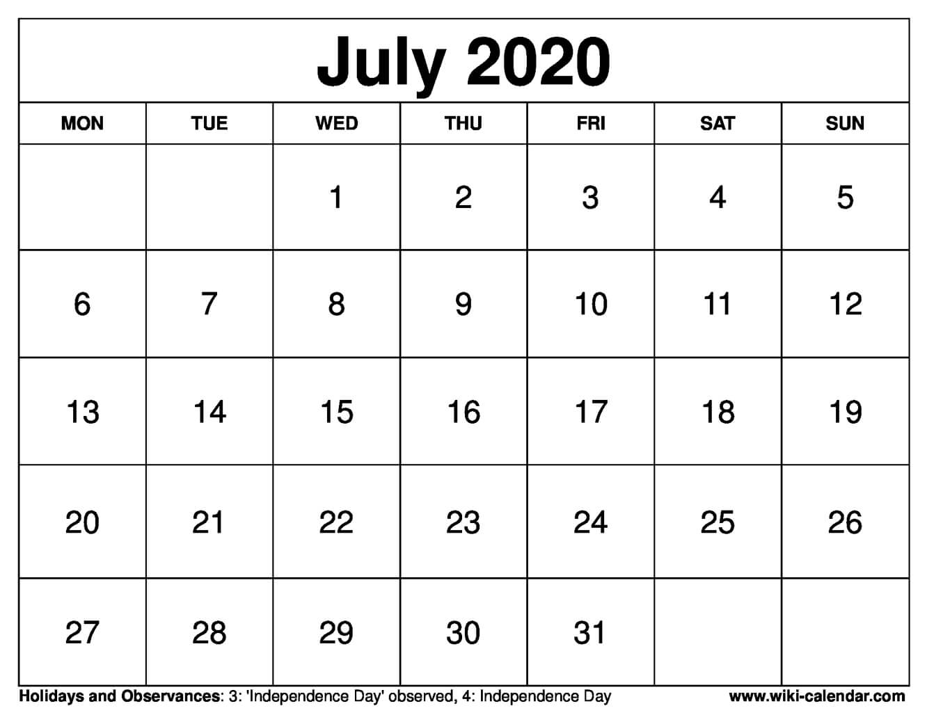 Free Printable July 2020 Calendar