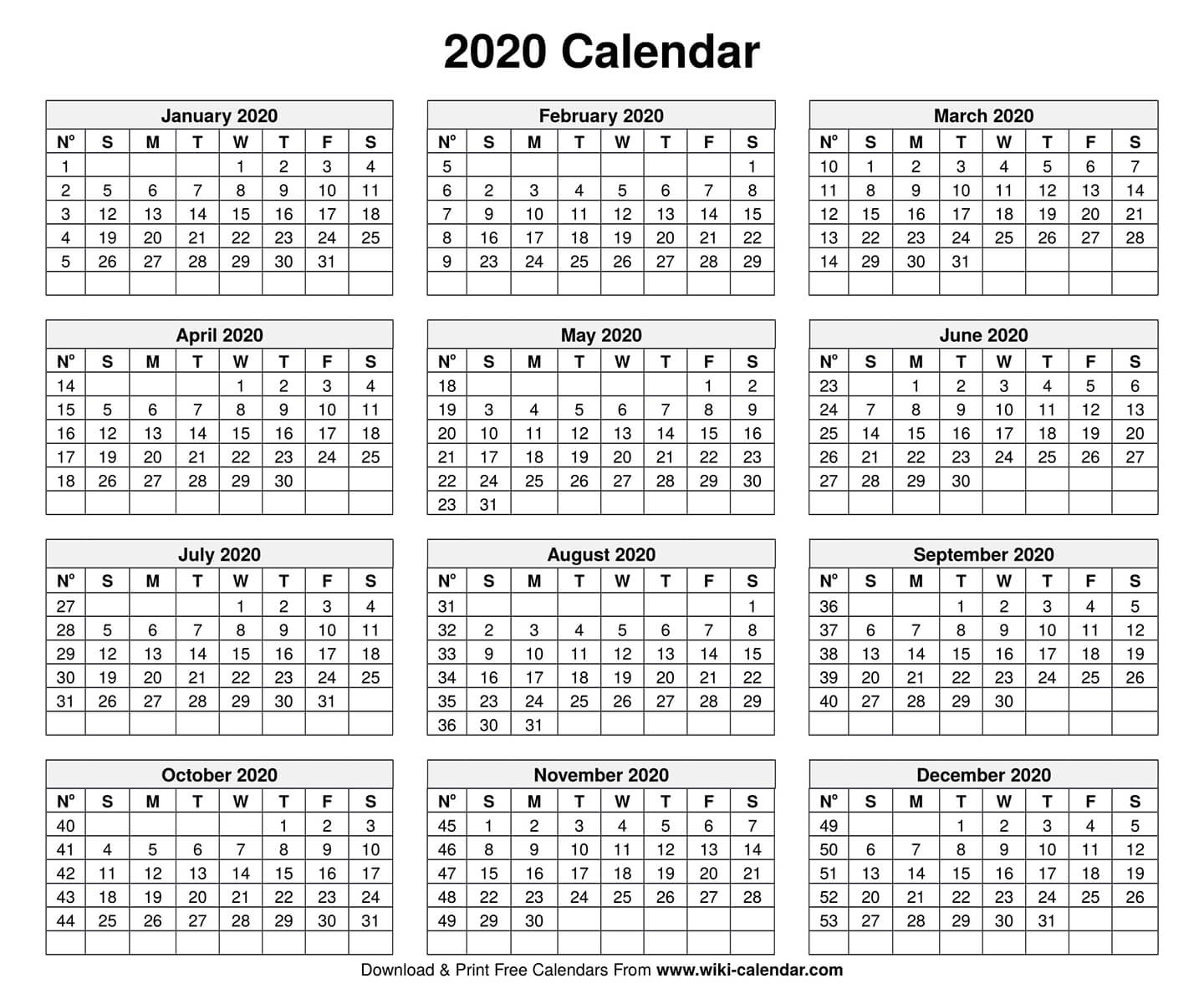 Free Printable Year 2020 Calendar - Wiki-Calendar.Com｜Wiki ...