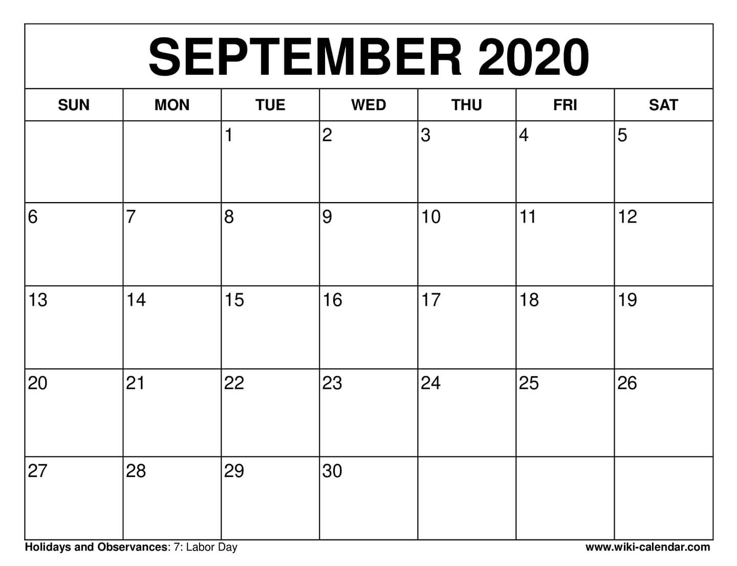 September 2020 Free Printable Calendar