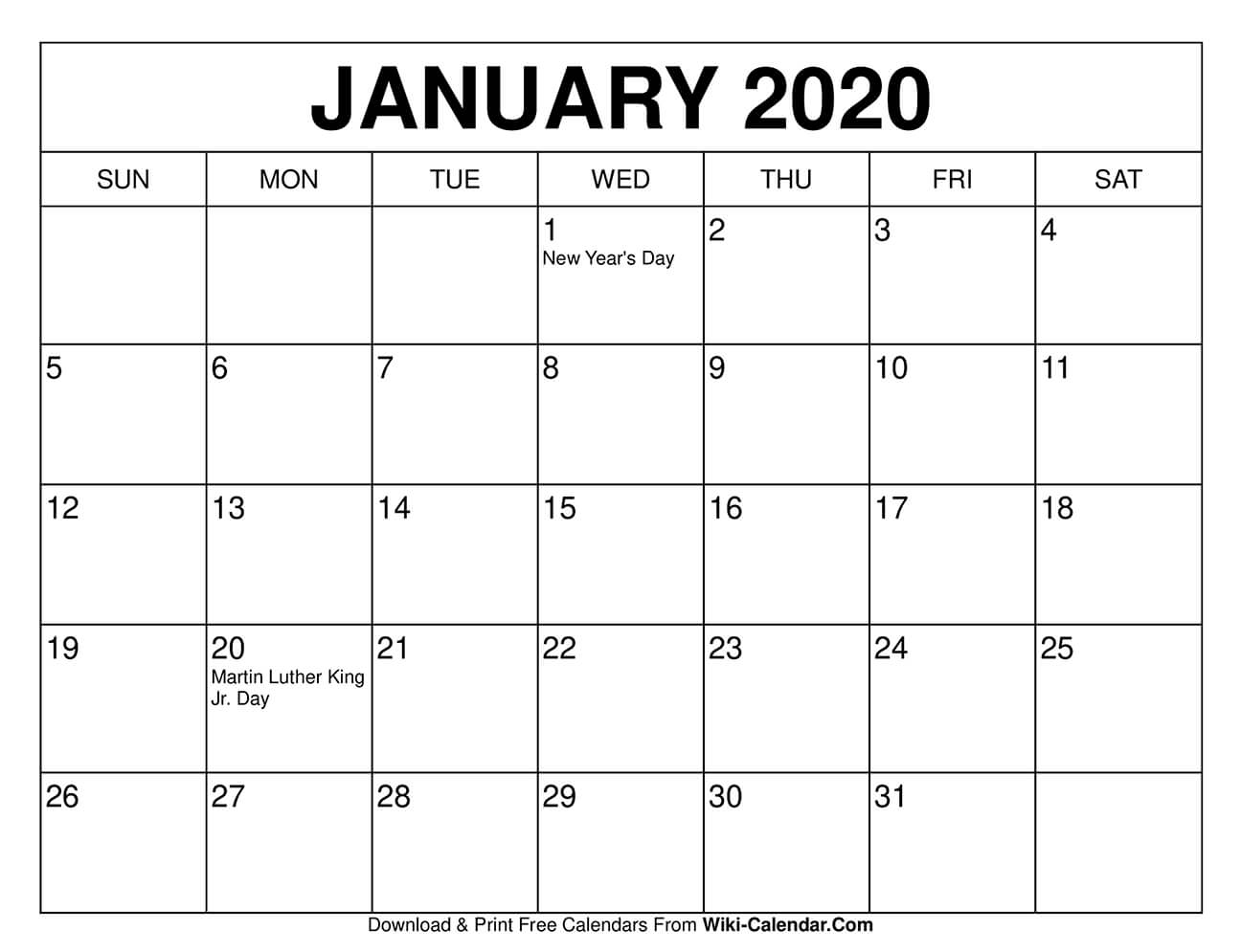Free Printable January 2020 Calendars Wiki Calendar