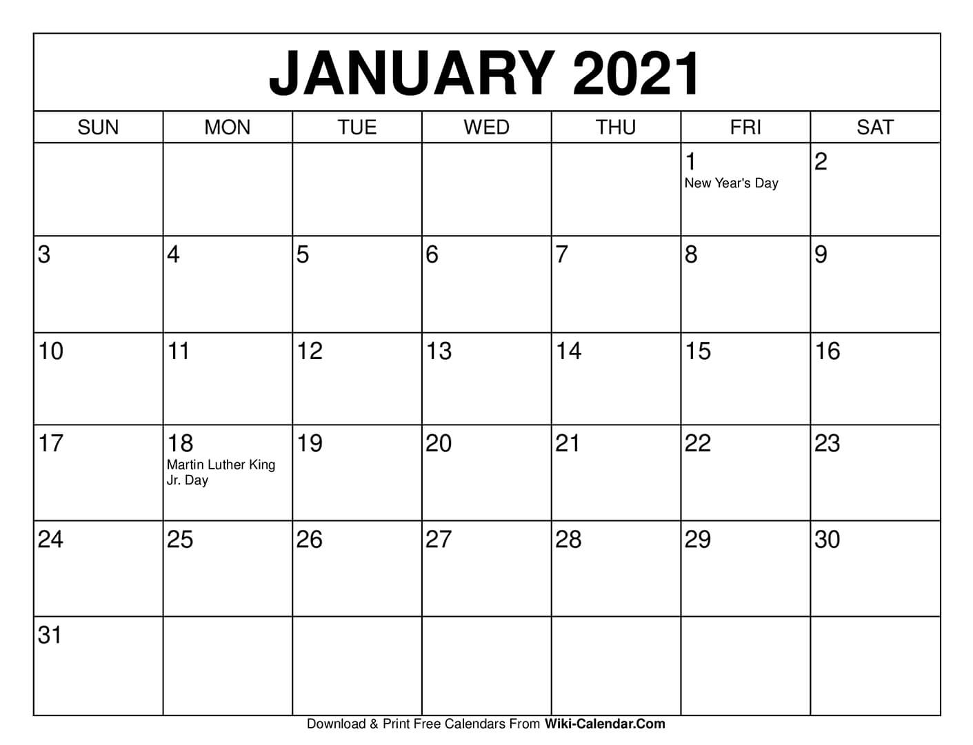 Free Printable Year 2021 Calendar with Holidays