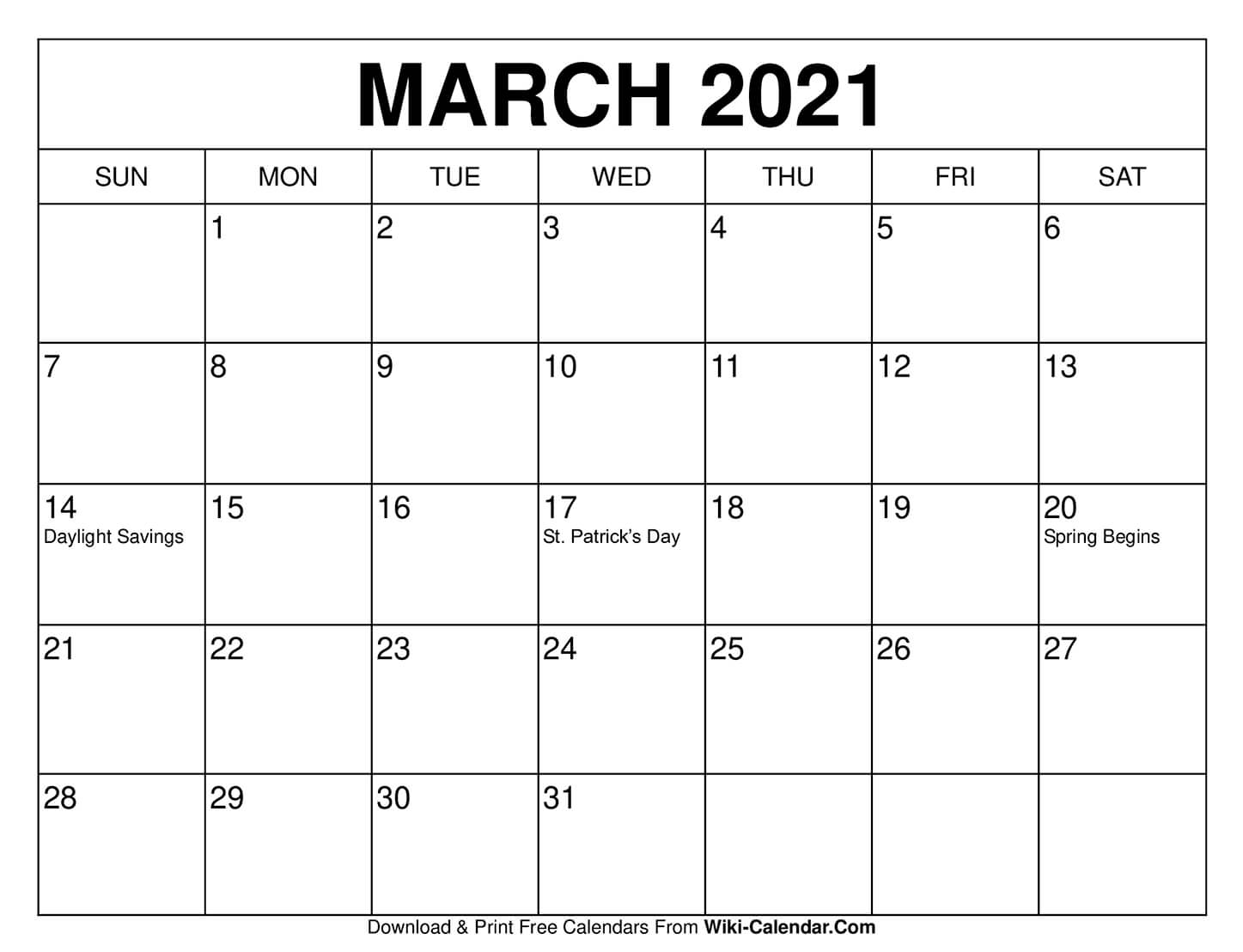 March 2021 Printable Calendar Wiki Calendar 2021