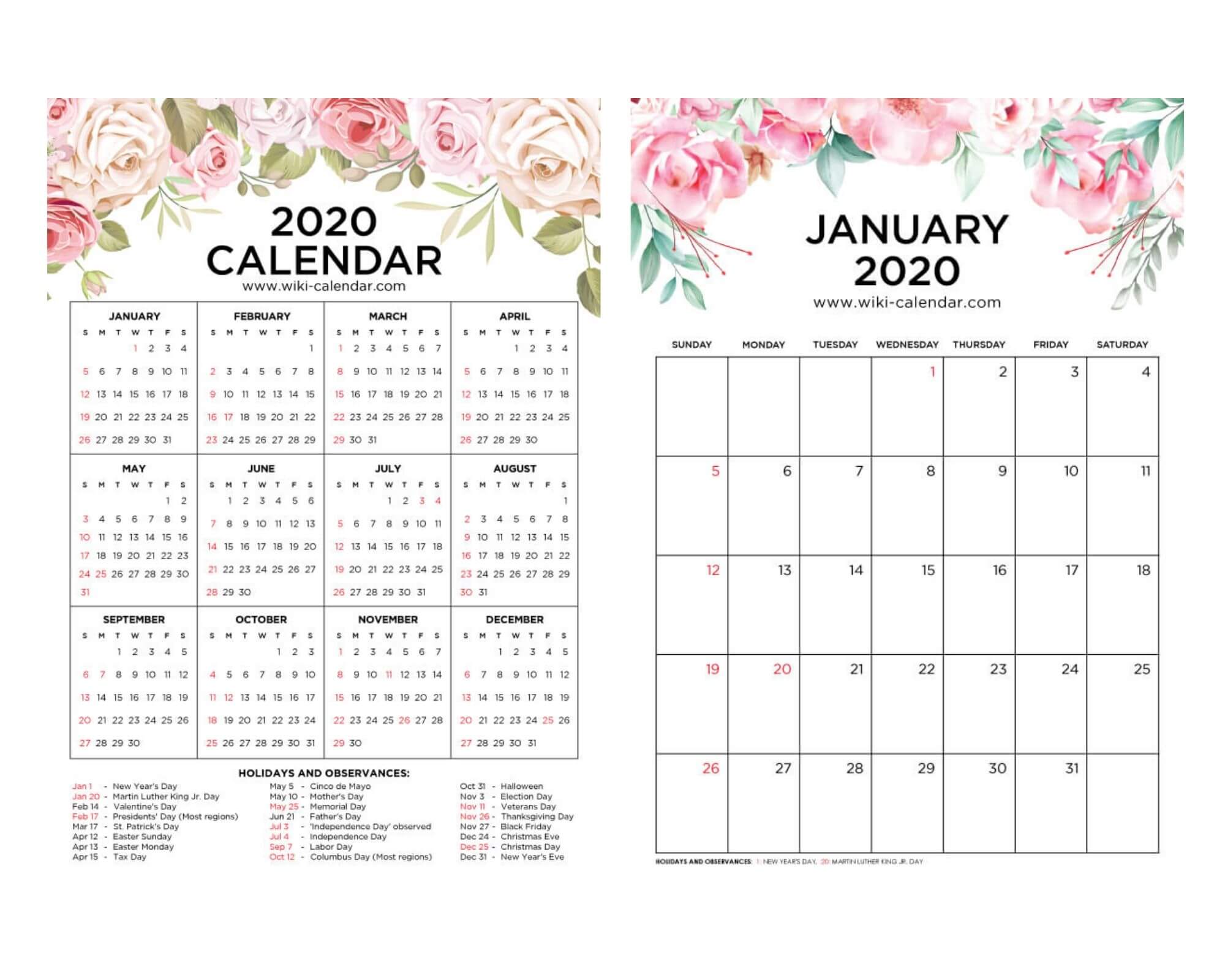 free printable 2020 floral calendar