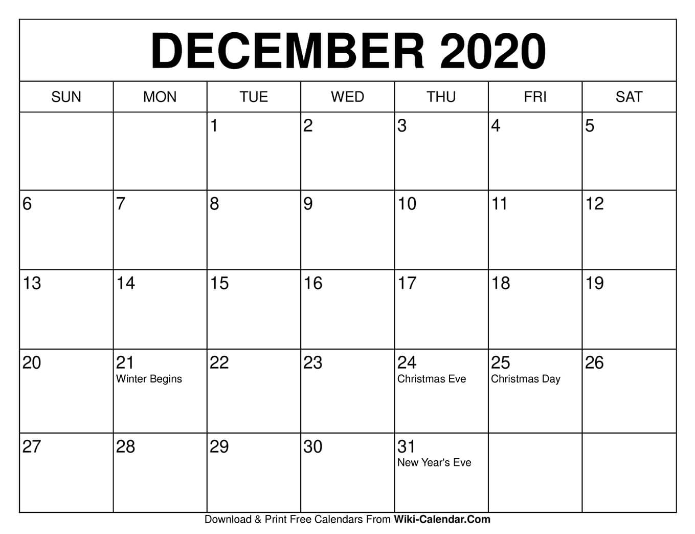 Free Printable December 2020 Calendars – Wiki Calendar