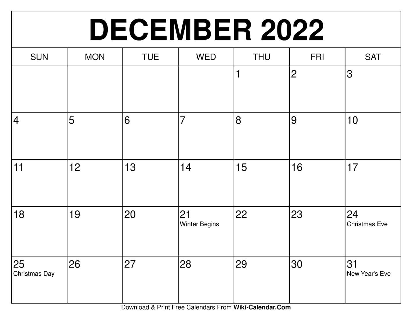 Free Printable December 2022 Calendar With Holidays