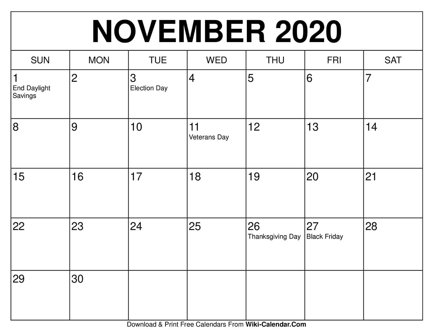 Free Printable November 2020 Calendars - Wiki Calendar