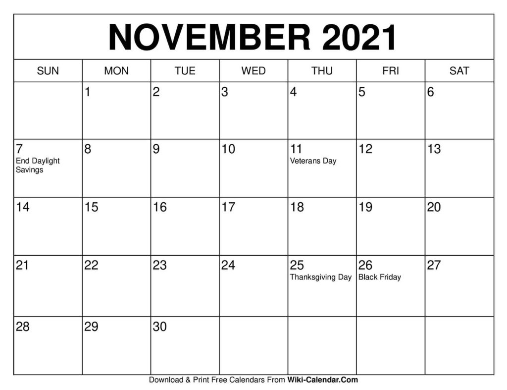 Free Printable November 2021 Calendars