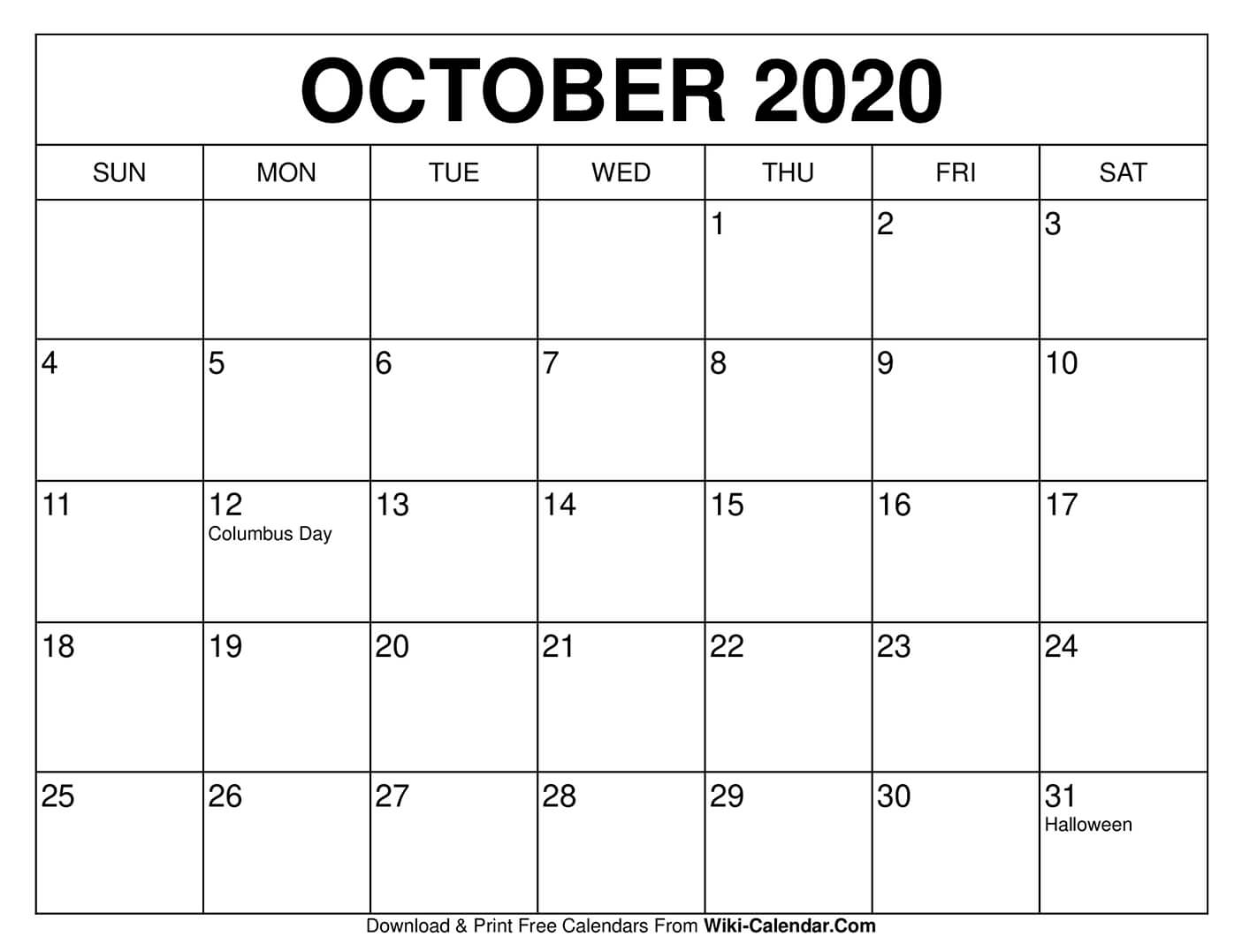 Free Printable October 2020 Calendars Wiki Calendar