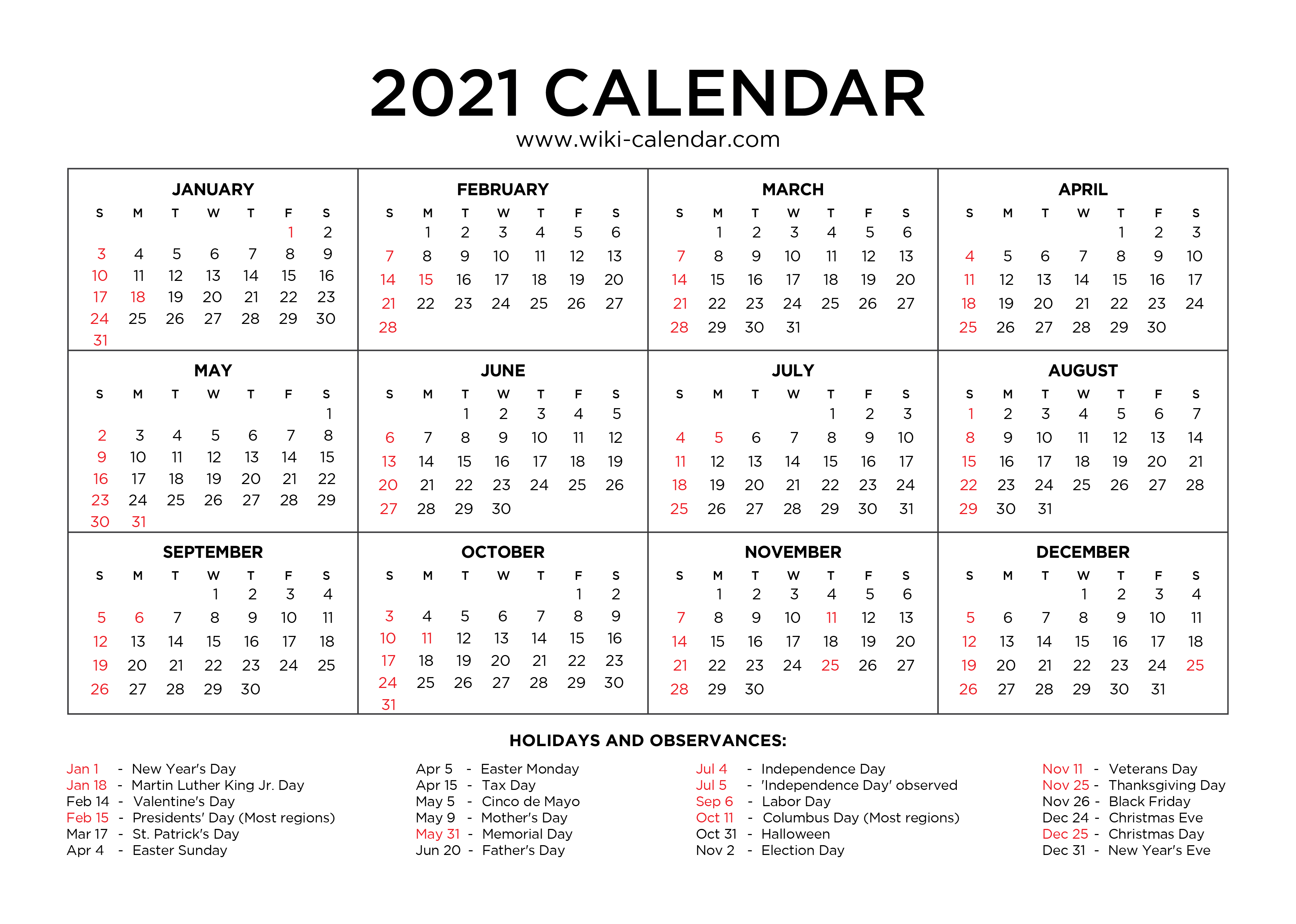Yearly Calendar 2021 Printable Free Printable Year 2021 Calendar with Holidays