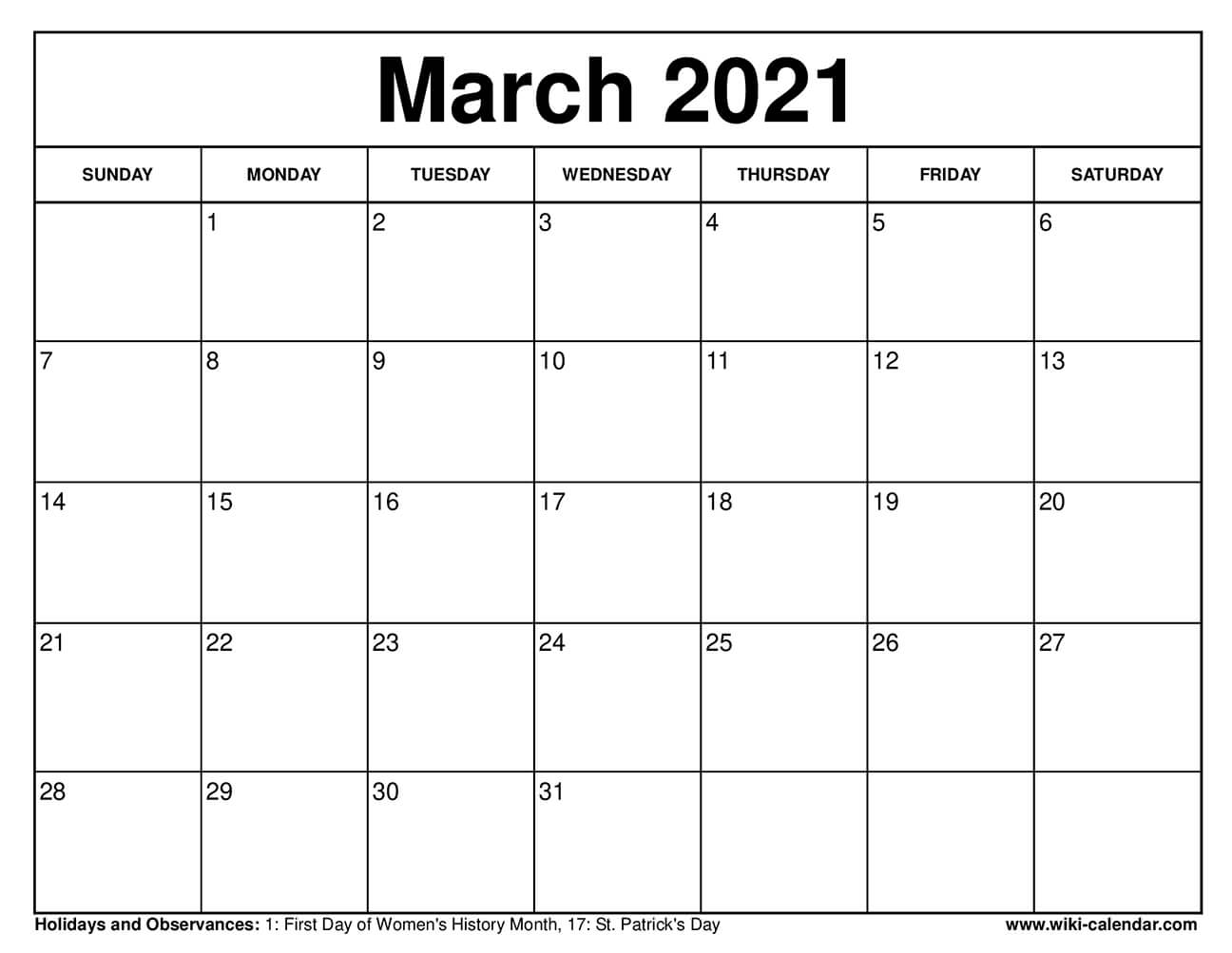 Free Printable March 2021 Calendars