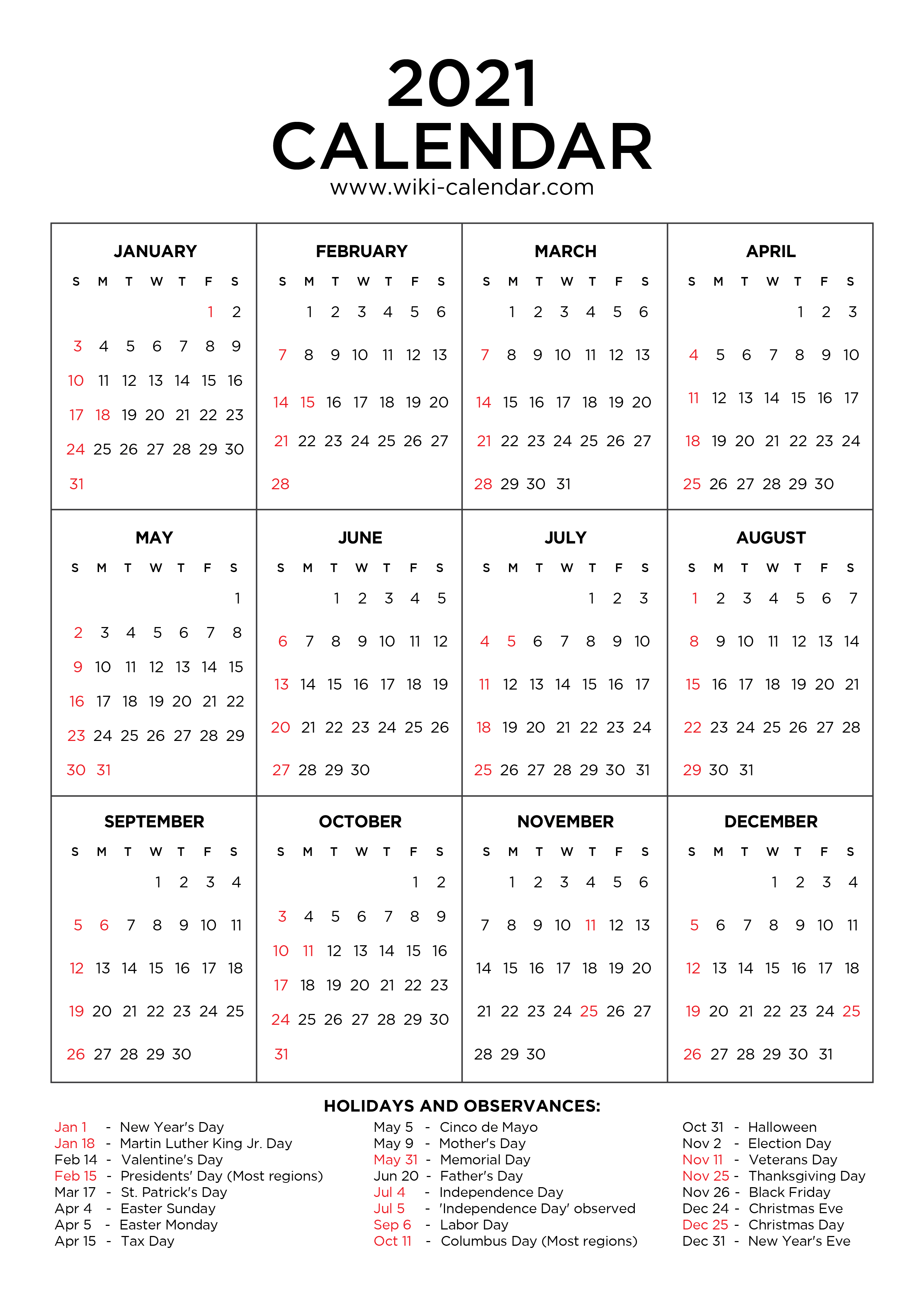 2021 Monthly Calendar Template Printable