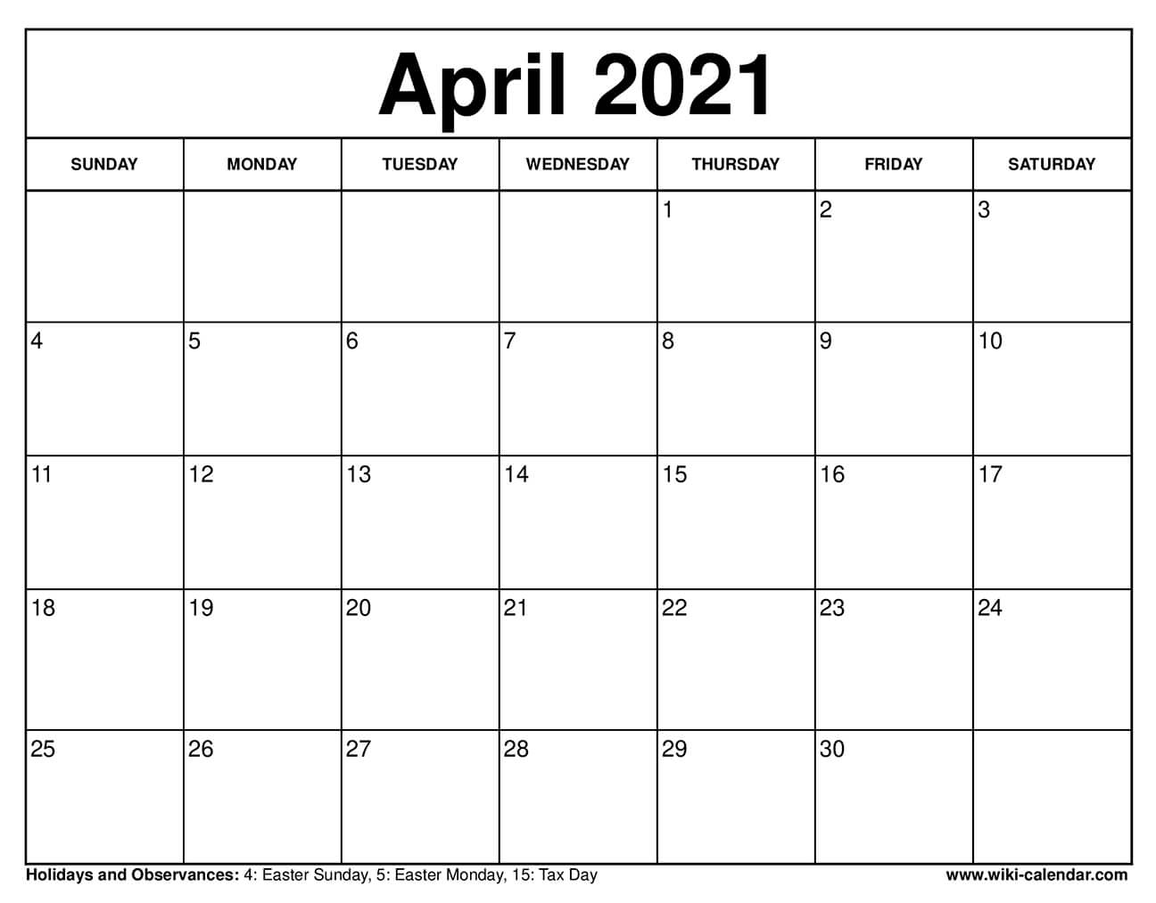 Free Printable April 2021 Calendars