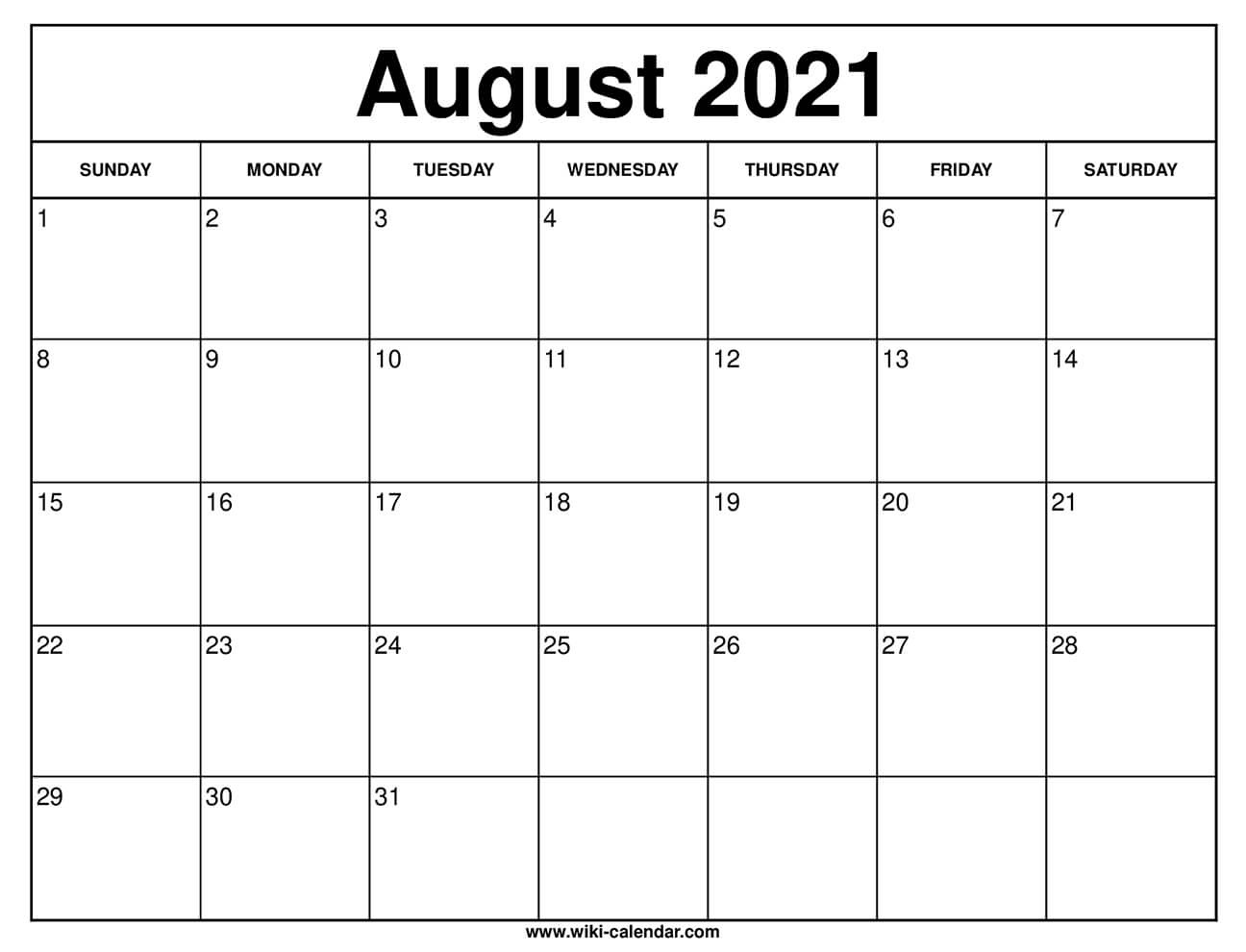 Free Printable August 2021 Calendars