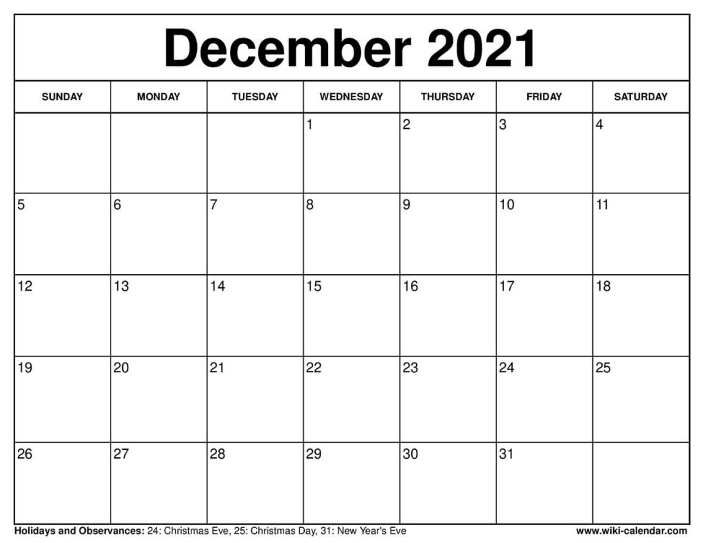 Free Printable December 2021 Calendars