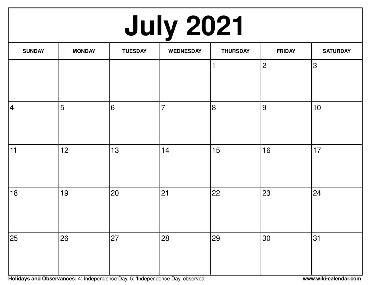 Free Printable July 2021 Calendars