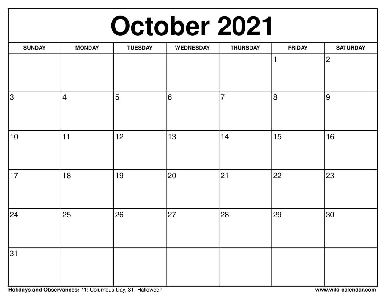 Free Printable October 2021 Calendars