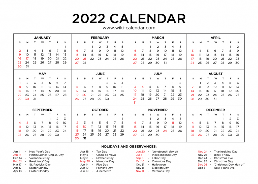 Wiki Printable Calendar 2022 - Printable World Holiday