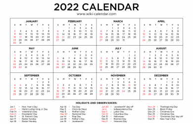 Printable Calendar 2022 With Holidays Free Printable 2022 Year And Month Calendars - Wiki Calendar
