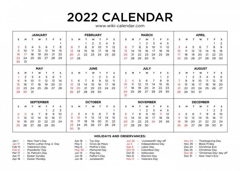 Year 2022 Calendar Printable With Holidays Wiki Calendar