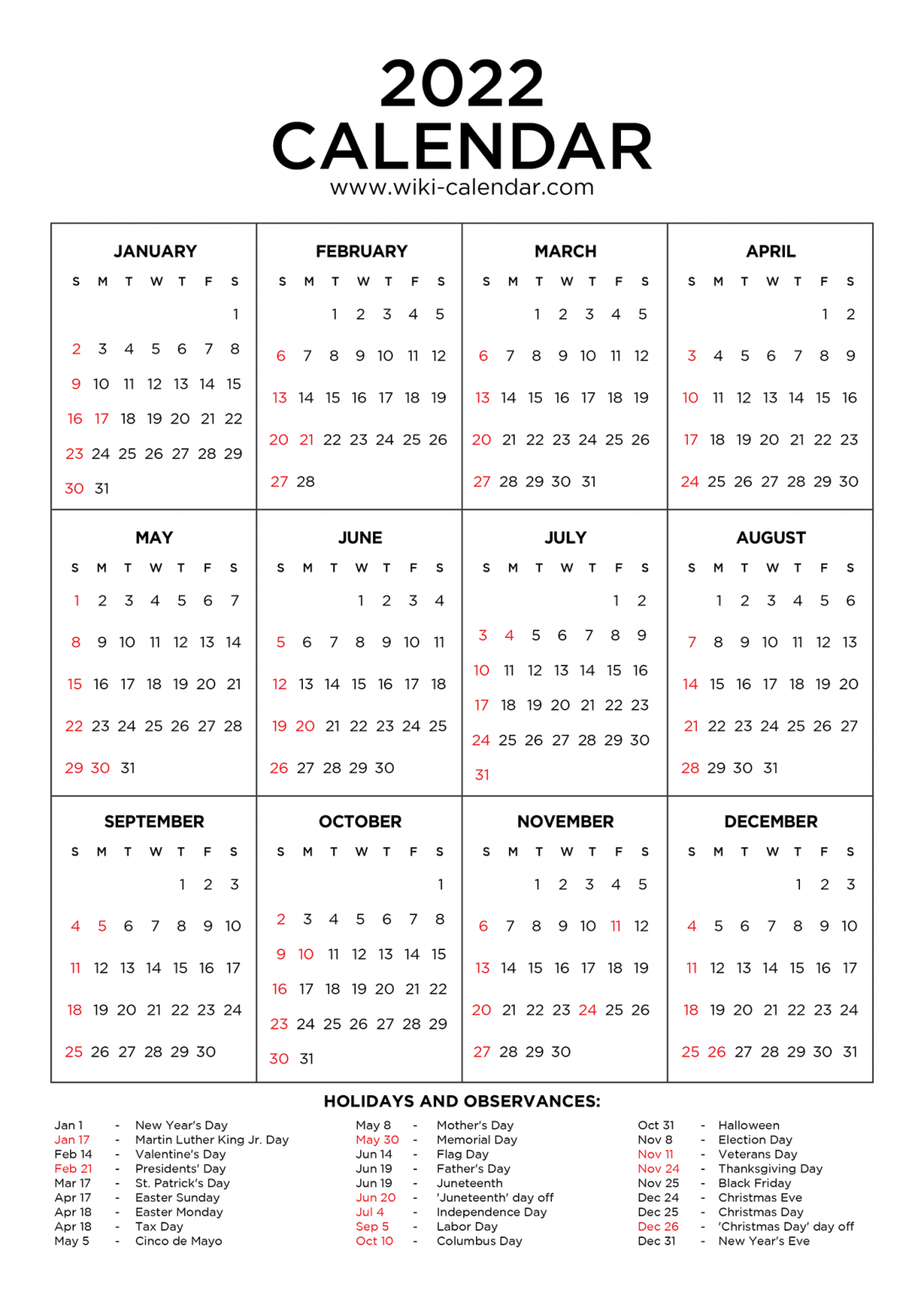 Year 2022 Calendar Printable with Holidays Wiki Calendar