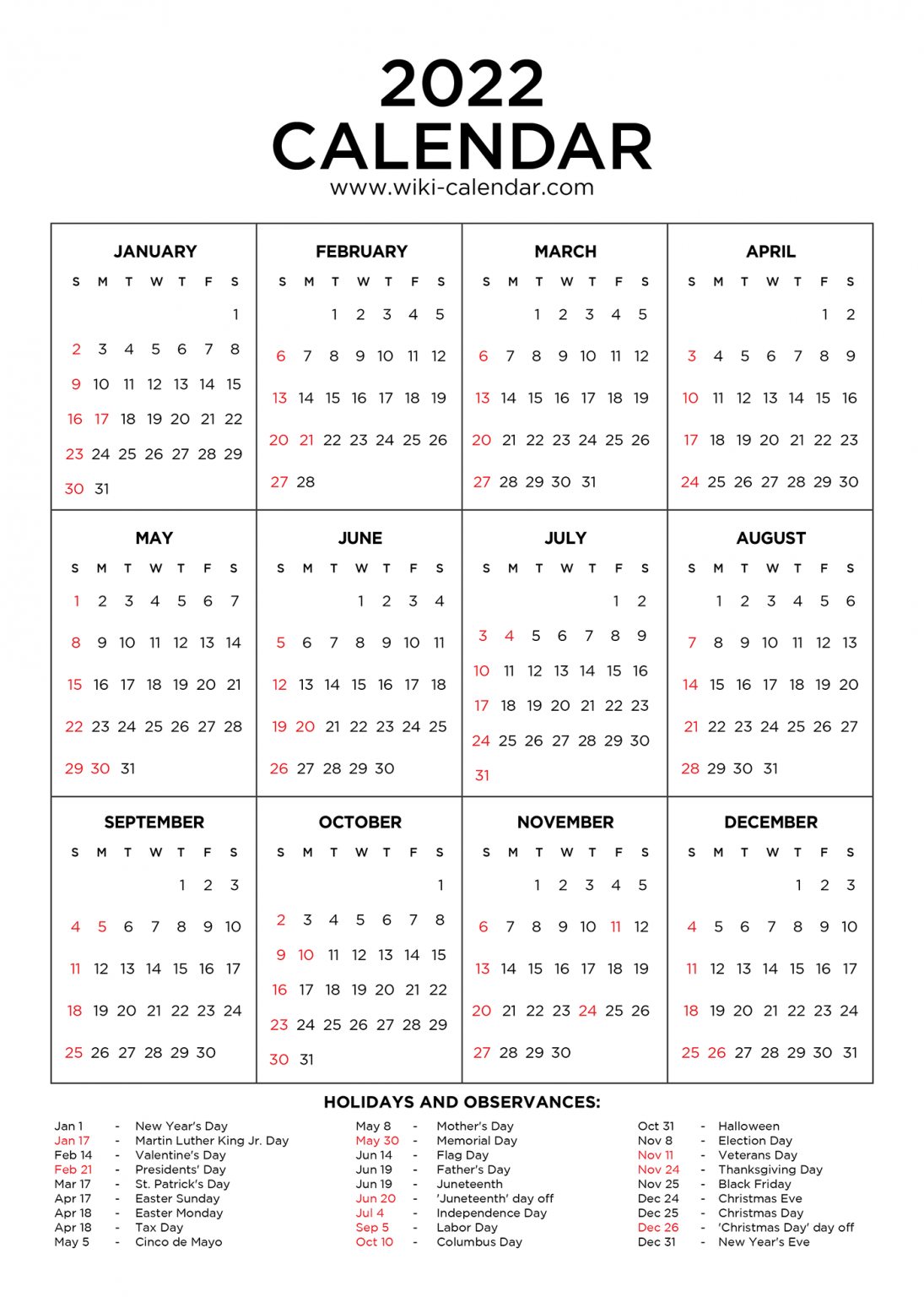 Year 2022 Calendar Printable With Holidays Wiki Calendar