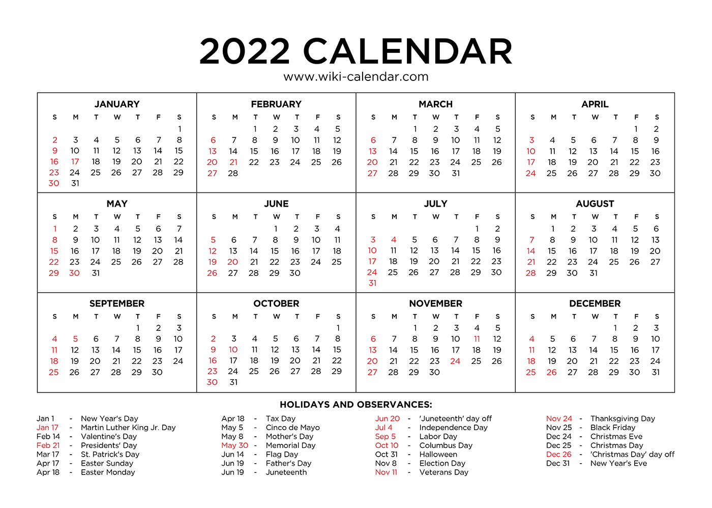 year 2022 calendar printable with holidays wiki calendar