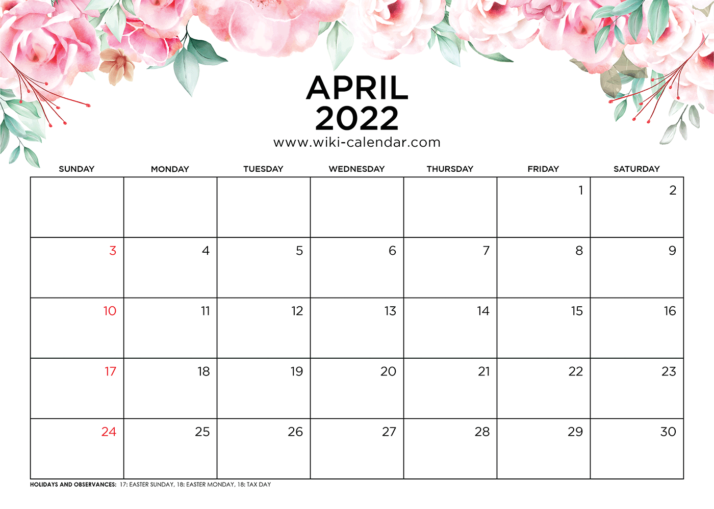April 2022 Calendar Printable with Holidays