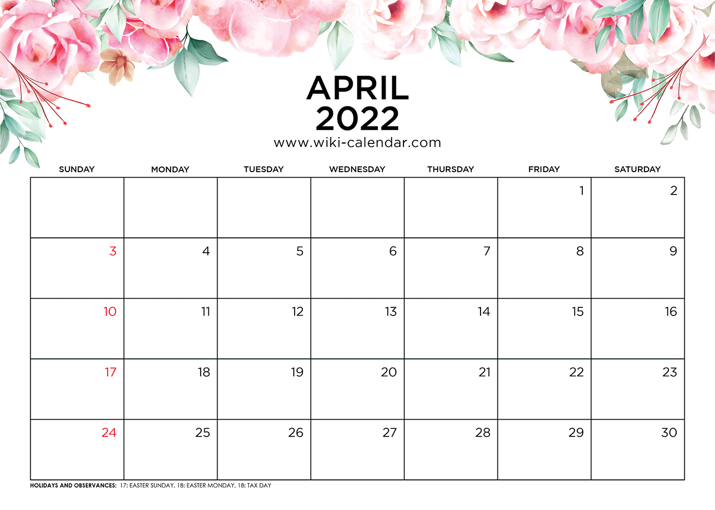 April Calendar Free Printable - Printable World Holiday