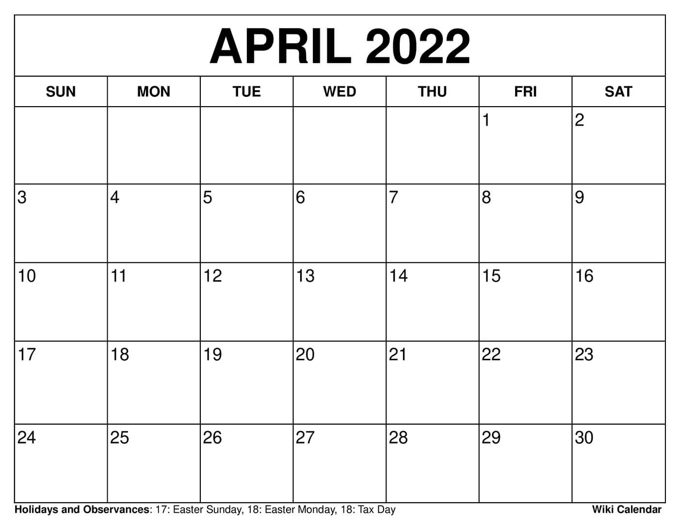 Month Of April 2022 Calendar Free Printable April 2022 Calendars - Wiki Calendar